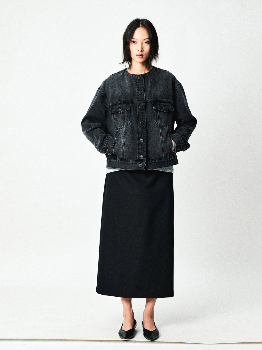 Washed Cotton Denim Collarless Jacket, view 10