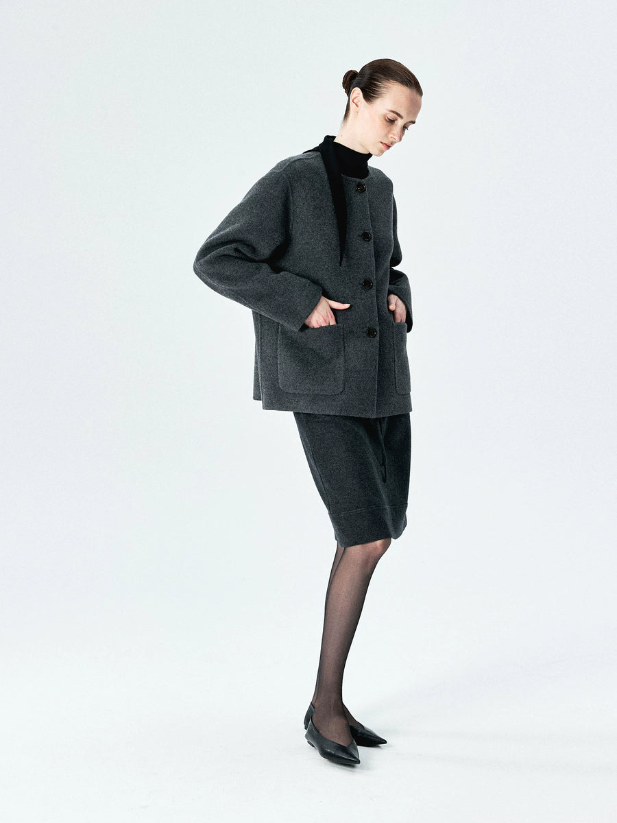Double-Faced Wool Cashmere Collarless Jacket, view 6