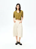 Cotton Nylon Pleated Trousers | Semi-Elastic Waist | Cropped Newsboy | Women Pants | MRS Studios