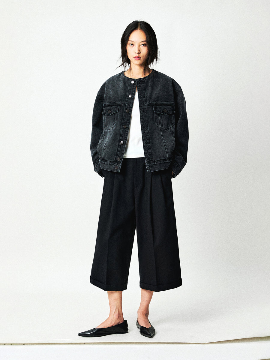 Washed Cotton Denim Collarless Jacket, view 8