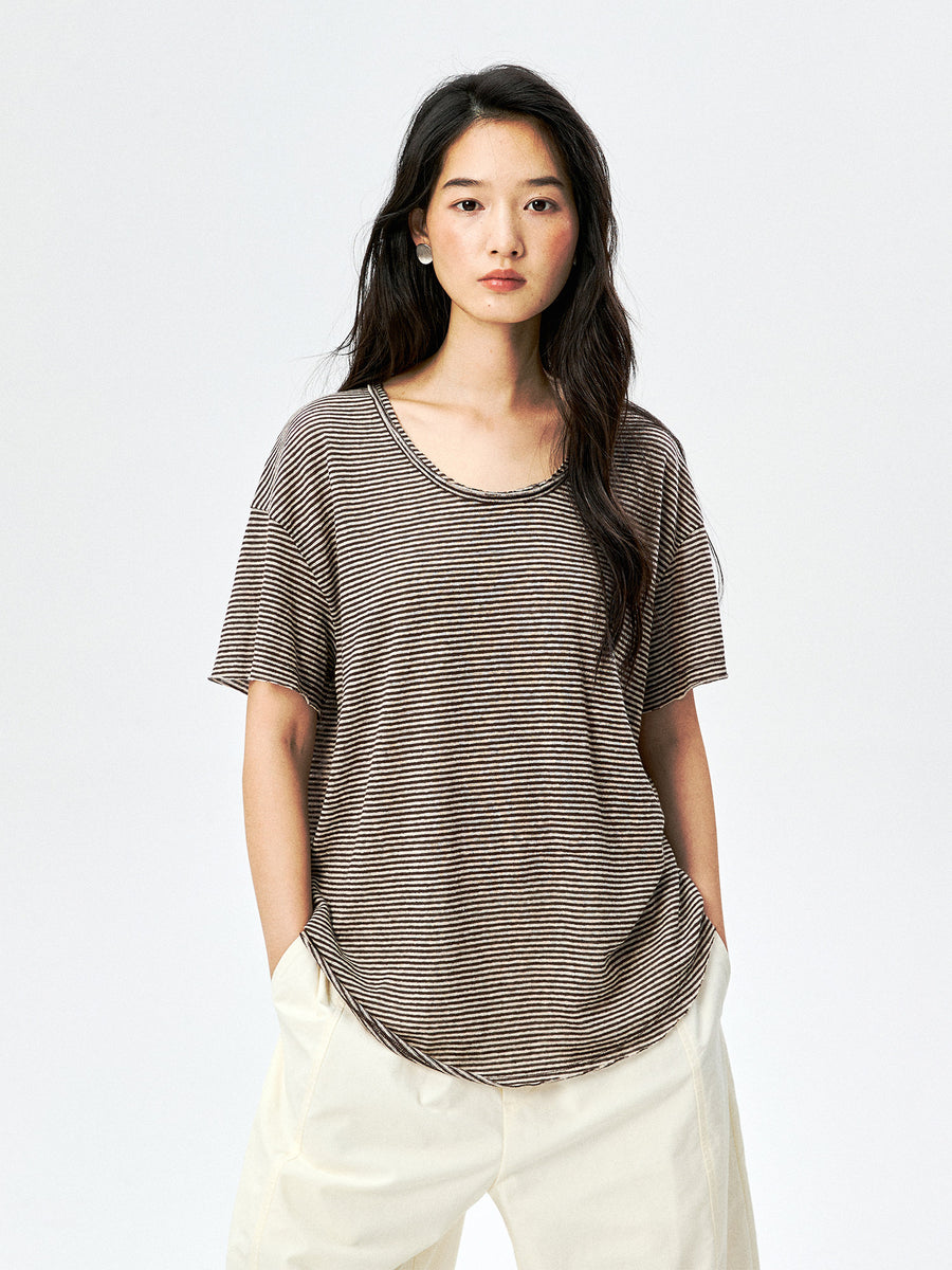 French Linen Blend Striped Tee, view 5