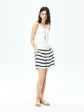French Linen Striped Set | Frayed V-Neck Overshirt | Drawstring Shorts | Women Top and Shorts Set | MRS Studios