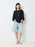 Long-Staple Cotton Bermuda Denim Shorts | Stone-Washed Vintage Finish | Hand-Frayed Hem | Women Jeans | MRS Studios