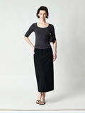 Acetate Mulberry Silk Ribbed Tee | Wide Round Neck | Mid Sleeve Slim Fit | Women Top | MRS Studios