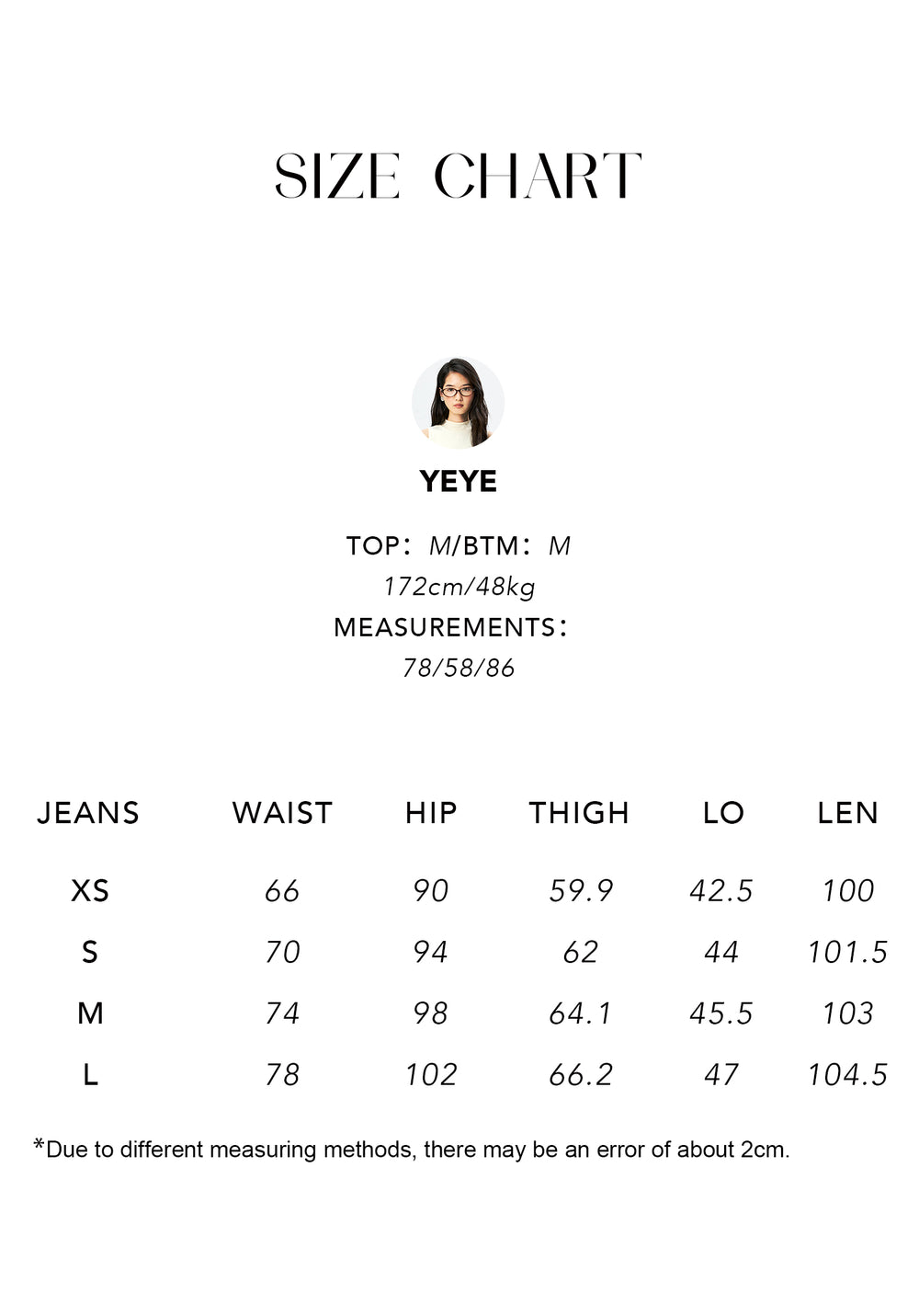 Size chart for Japanese Okayama Denim Jeans