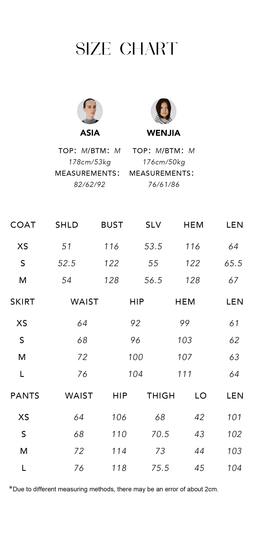 Size chart for Superfine Merino Knit Pullover, Skirt & Pants