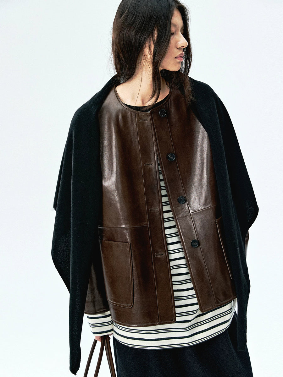 Spanish Lambskin Collarless Leather Jacket, view 5