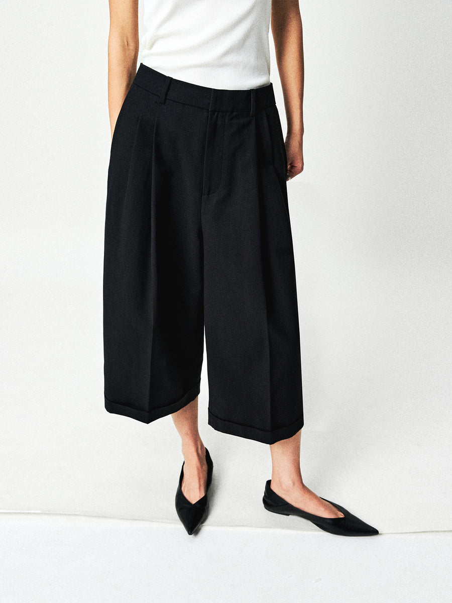 Merino Wool Blend Pleated Wide-Leg Trousers, view 5