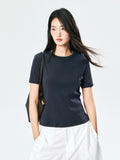 Ribbed Slub Cotton Tee | Slim Fit | Small Round Neck | Women Top | MRS Studios