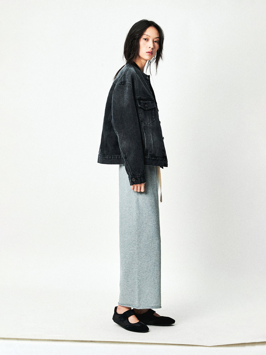 Washed Cotton Denim Collarless Jacket, view 9