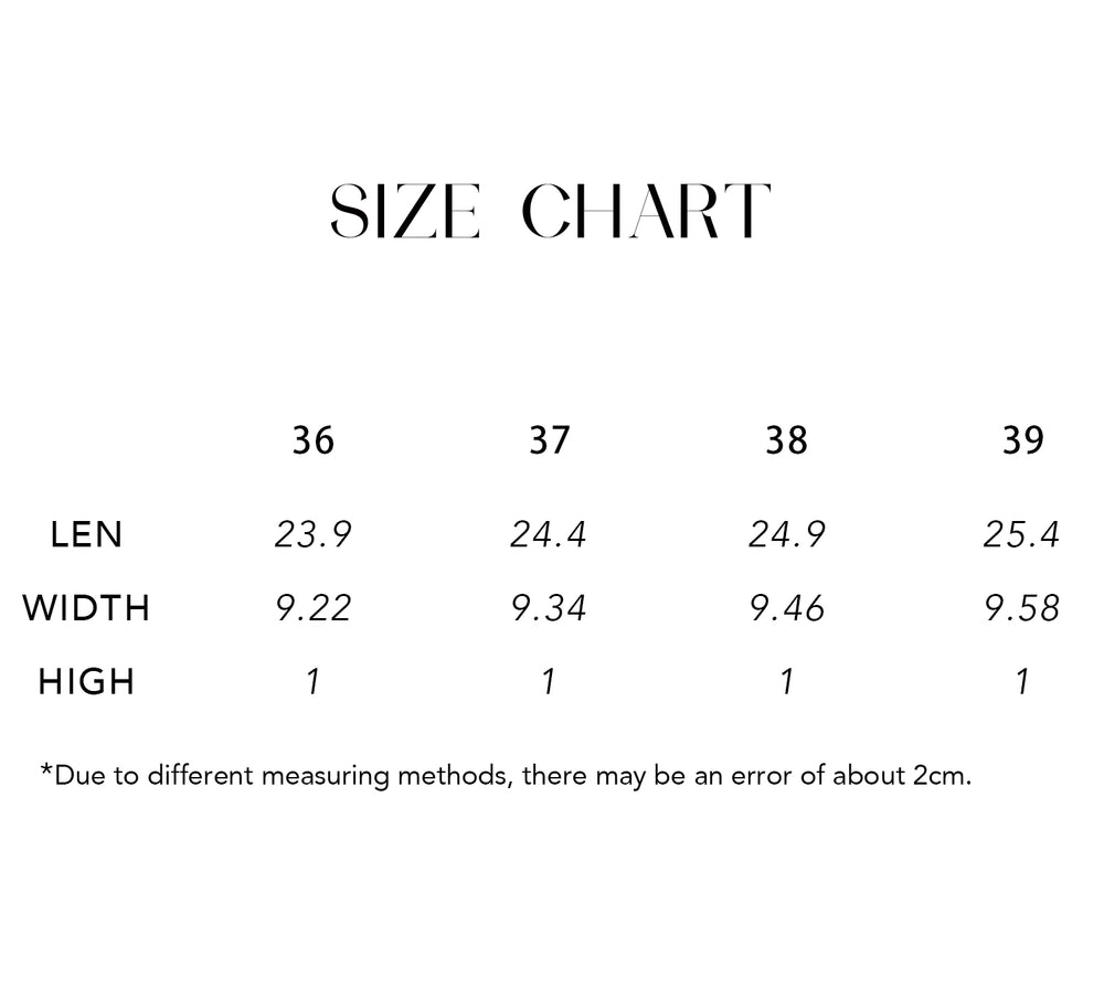 Size chart for Calfskin Cross-Strap Mules