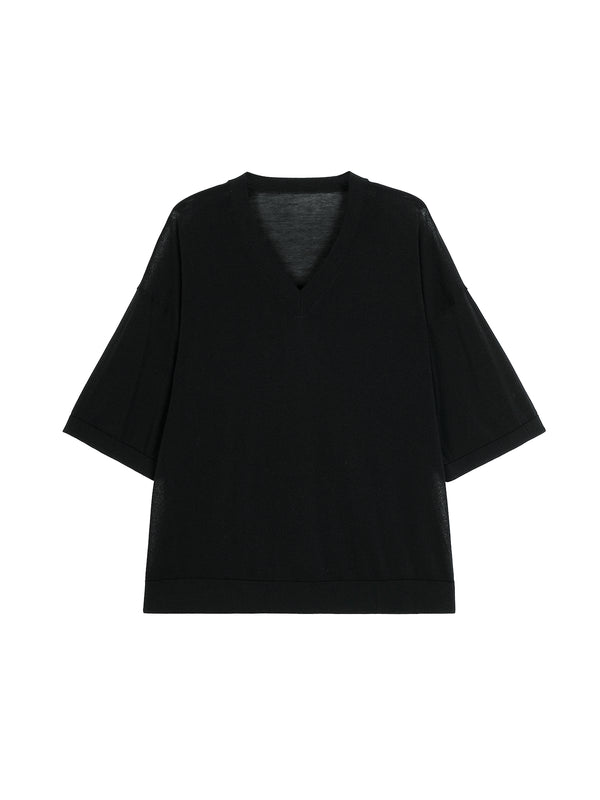 Acetate Cotton V-Neck Knit Top | Relaxed Drop-Shoulder Cut | Ribbed Placket and Cuff | Women Knitwear | MRS Studios