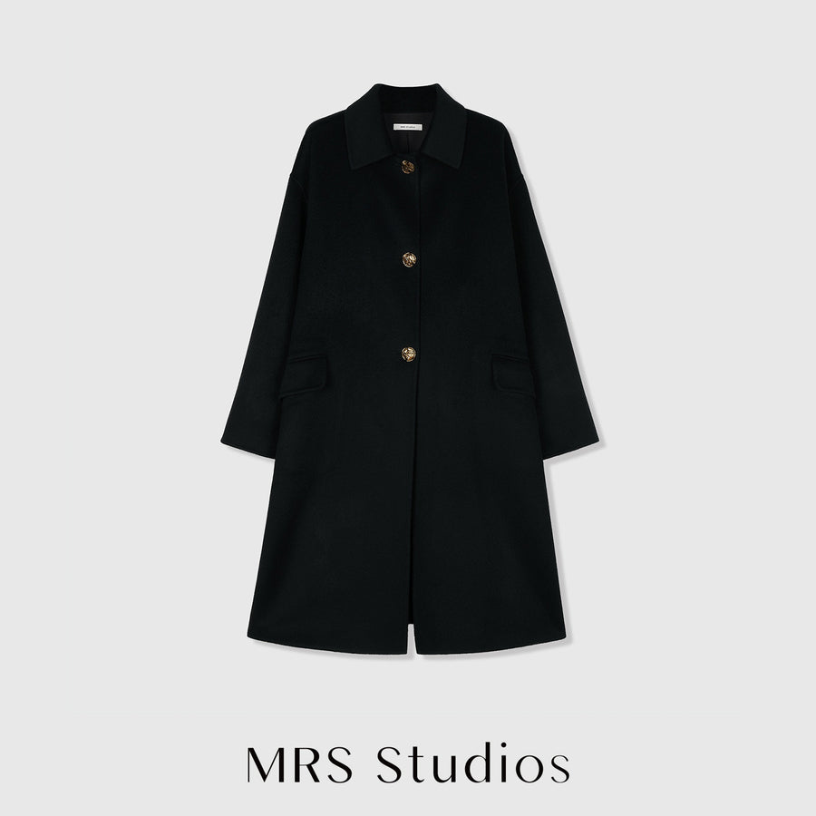 Structured Notched Lapel Wool Coat | Double-Faced Wool | Vintage Gold Button | A-Line Silhouette | Women Coat | MRS Studios