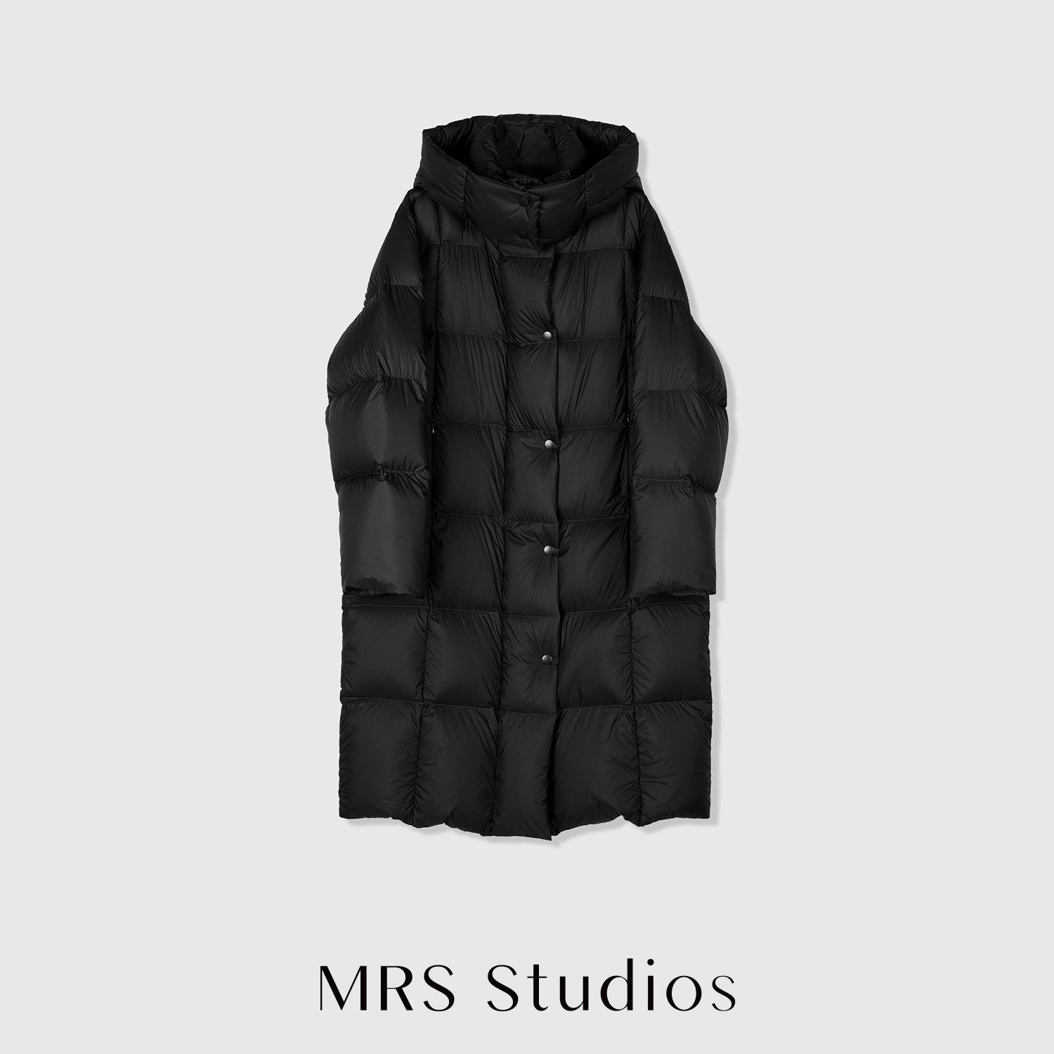Detachable Hood Long Down Coat | Box-Quilt Bread Puffer | 90% White Goose Down | MRS Studios