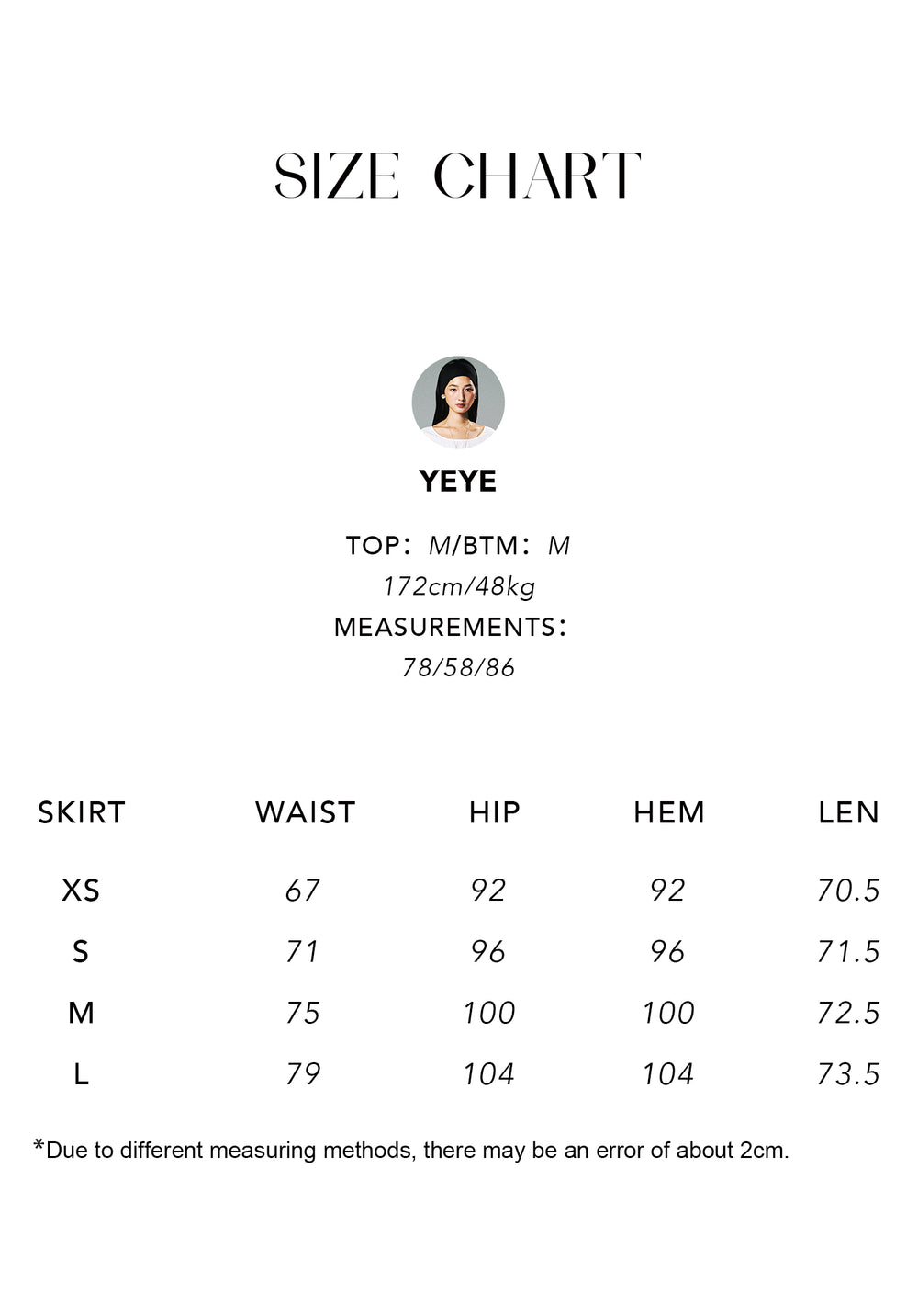 Size chart for Crepe Skirt