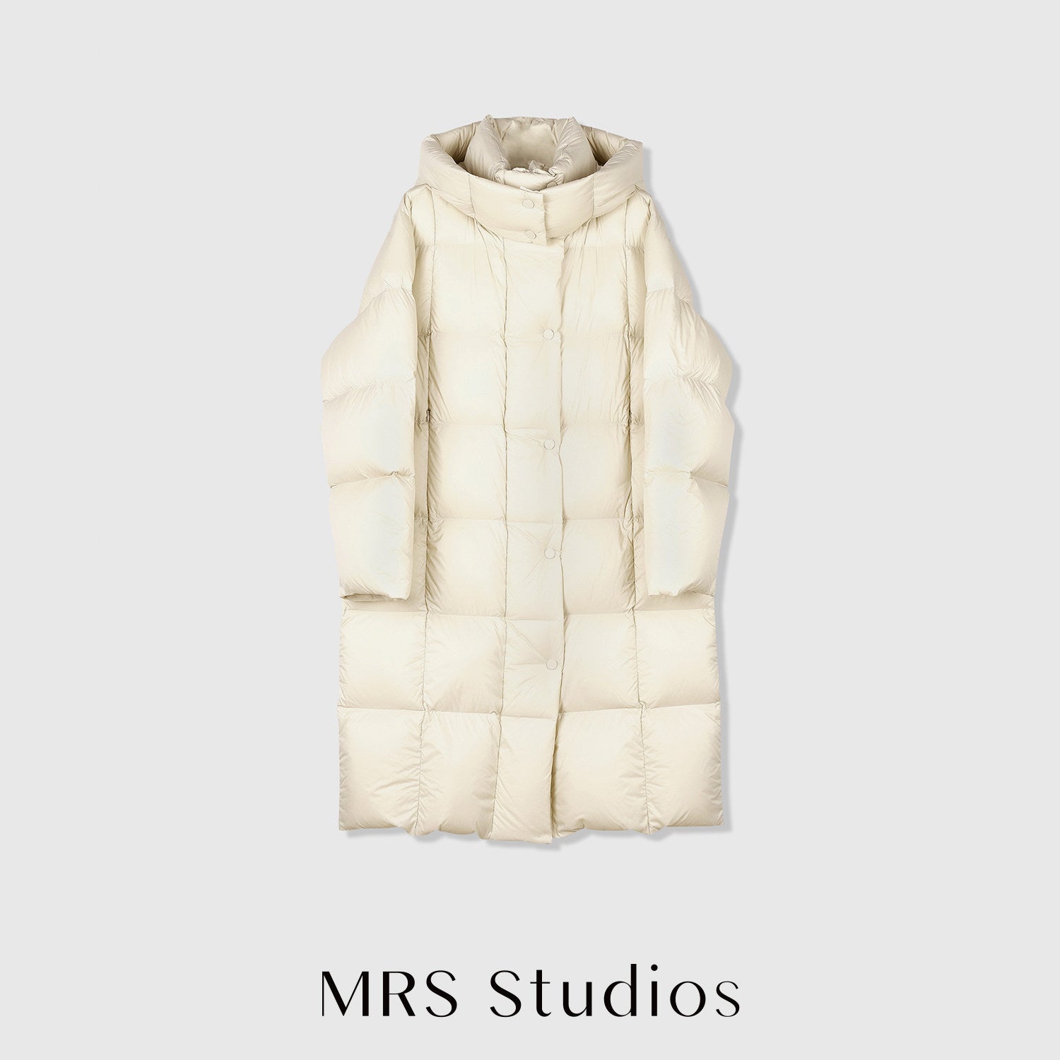 Detachable Hood Long Down Coat | Box-Quilt Bread Puffer | 90% White Goose Down | MRS Studios