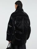 Short Glossy Down Puffer Jacket | Stand Collar with Two-Way Zip | Futuristic Design | Shiny Black Winter Coat | MRS Studios