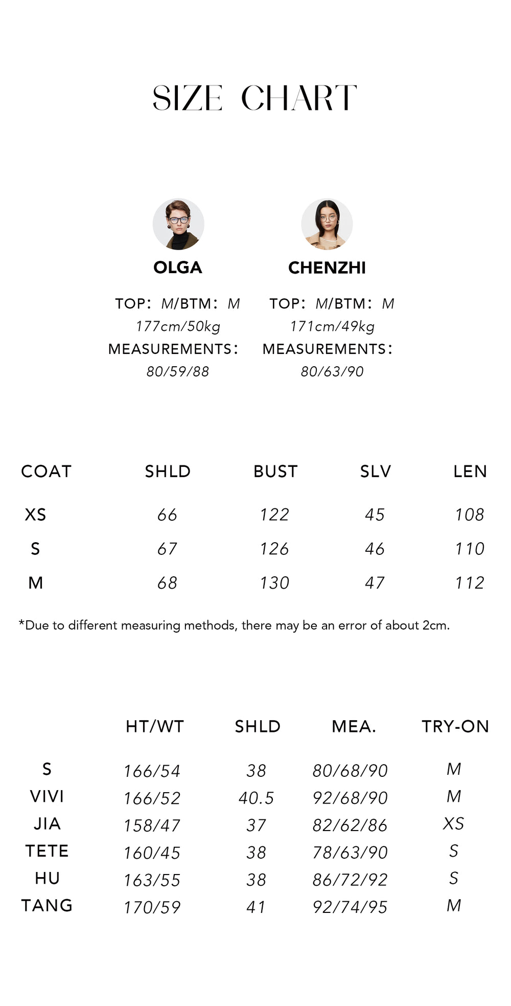 Size chart for H-Line Wool Duffle Coat