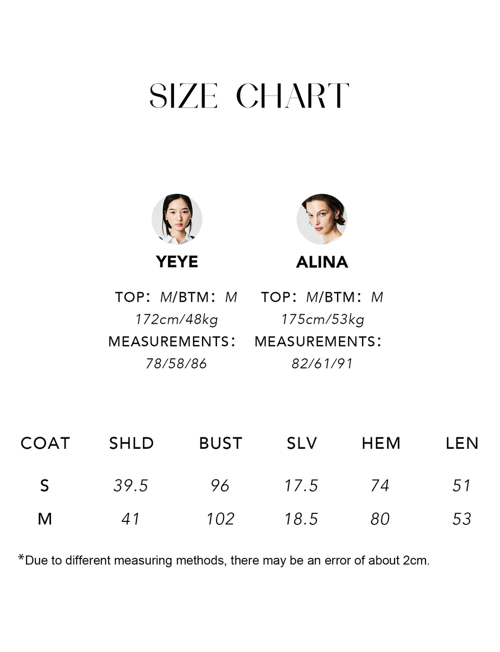 Size chart for Consinee Lyocell Cashmere Knit Top