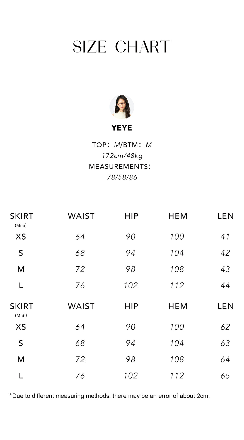 Size chart for Lyocell Linen Mini & Midi Skirts