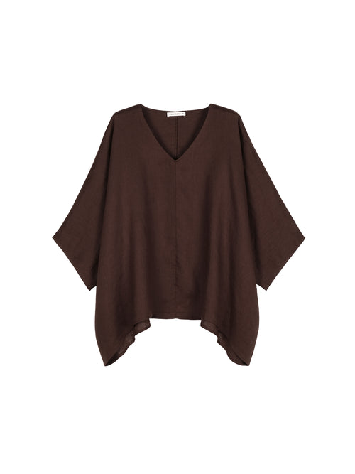 French Linen V-Neck Batwing Cape Blouse | Drop-Shoulder A-Line | Hi-Low Curved Hem | Women Top | MRS Studios