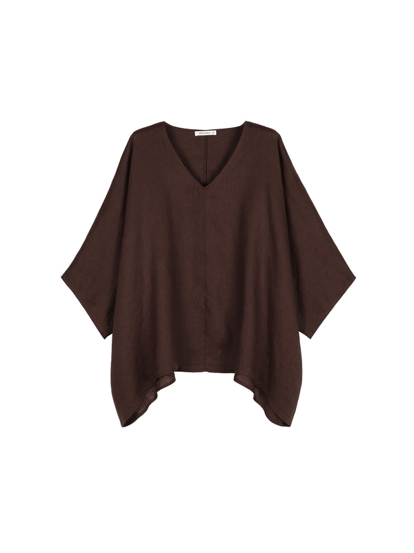 French Linen V-Neck Batwing Cape Blouse | Drop-Shoulder A-Line | Hi-Low Curved Hem | Women Top | MRS Studios