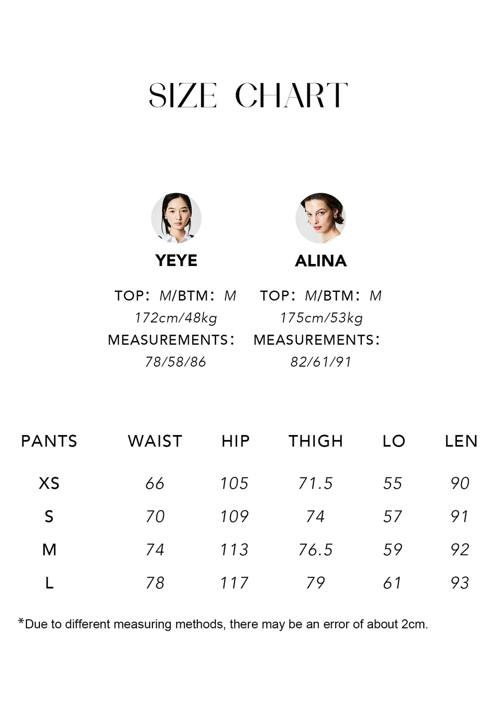 Size chart for Cotton Hemp Cocoon Trousers
