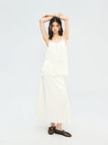 Japanese Triacetate Satin Strap Top and A-Line Skirt Set | Narrow Lace Trim | Side Slit Bias Skirt | Women Set | MRS Studios