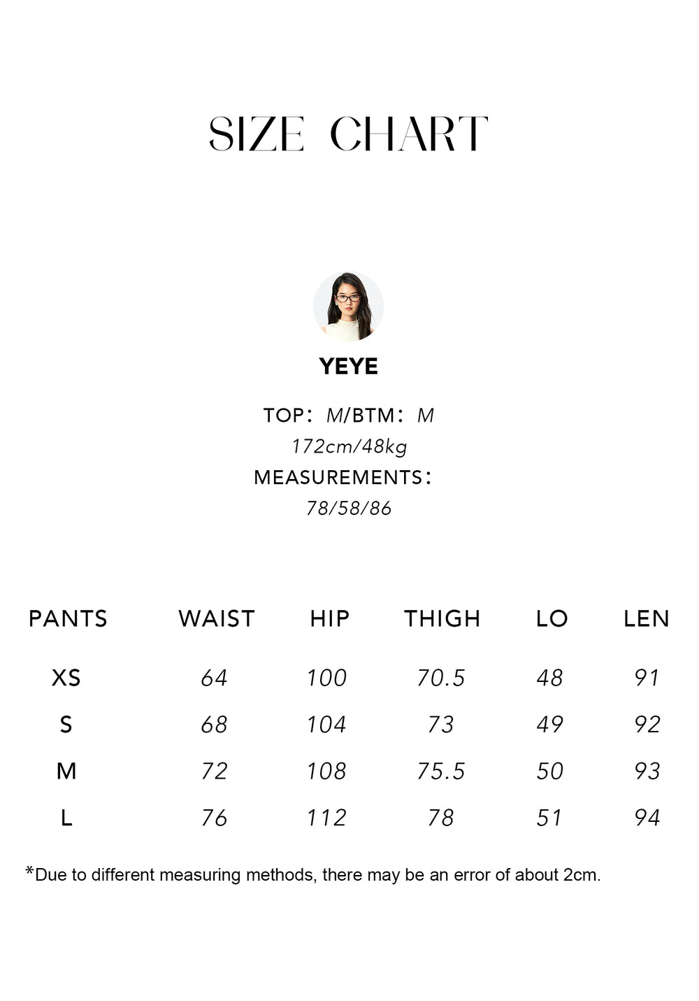 Size chart for Silk Blend Cocoon Pants