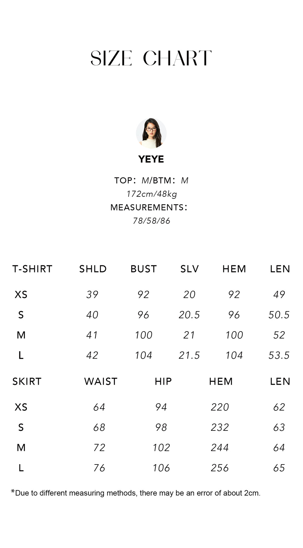 Size chart for Modal Silk Tee & Full Skirt