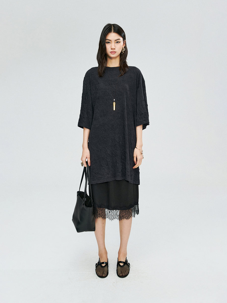 Wash-Crinkle Jersey T-Shirt Dress | Origami Crumpled Texture | Drop Shoulder Mid Sleeve | Women Dress | MRS Studios