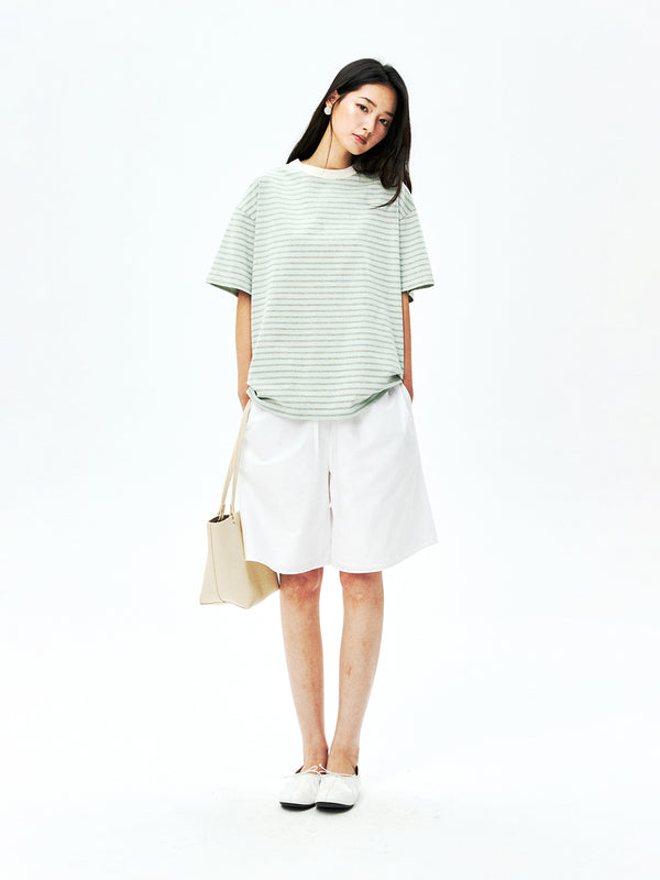 Japanese Jersey Cotton Tee | Striped Crew Neck | Relaxed Short Sleeve | Women Top | MRS Studios