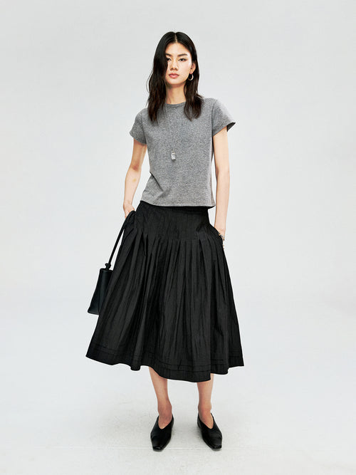 Cotton Linen Melange T-Shirt | Yarn-Dyed Granular Texture | Set-In Sleeve Slim Cut | Women Top | MRS Studios