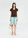 加新色   ）Snowflake Cotton V-Neck T-Shirt | Natural Rolled Raw Edges | Short Bell Sleeves | Women Top | MRS Studios