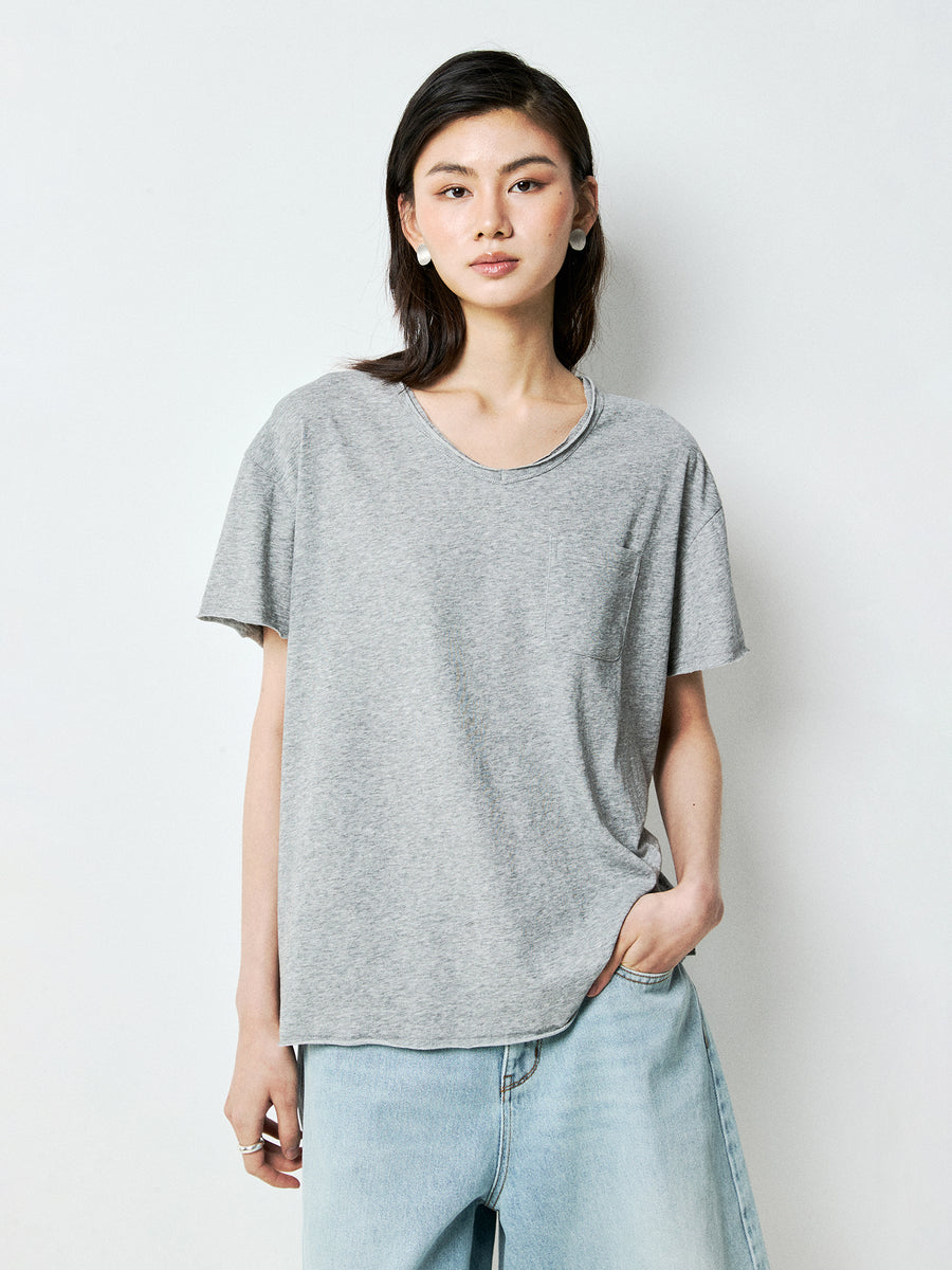 Snowflake Cotton V-Neck Pocket T-Shirt | Natural Raw-Edge Neckline | Relaxed H-Line Cut | Women Top | MRS Studios