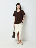 Snowflake Cotton V-Neck Pocket T-Shirt | Natural Raw-Edge Neckline | Relaxed H-Line Cut | Women Top | MRS Studios