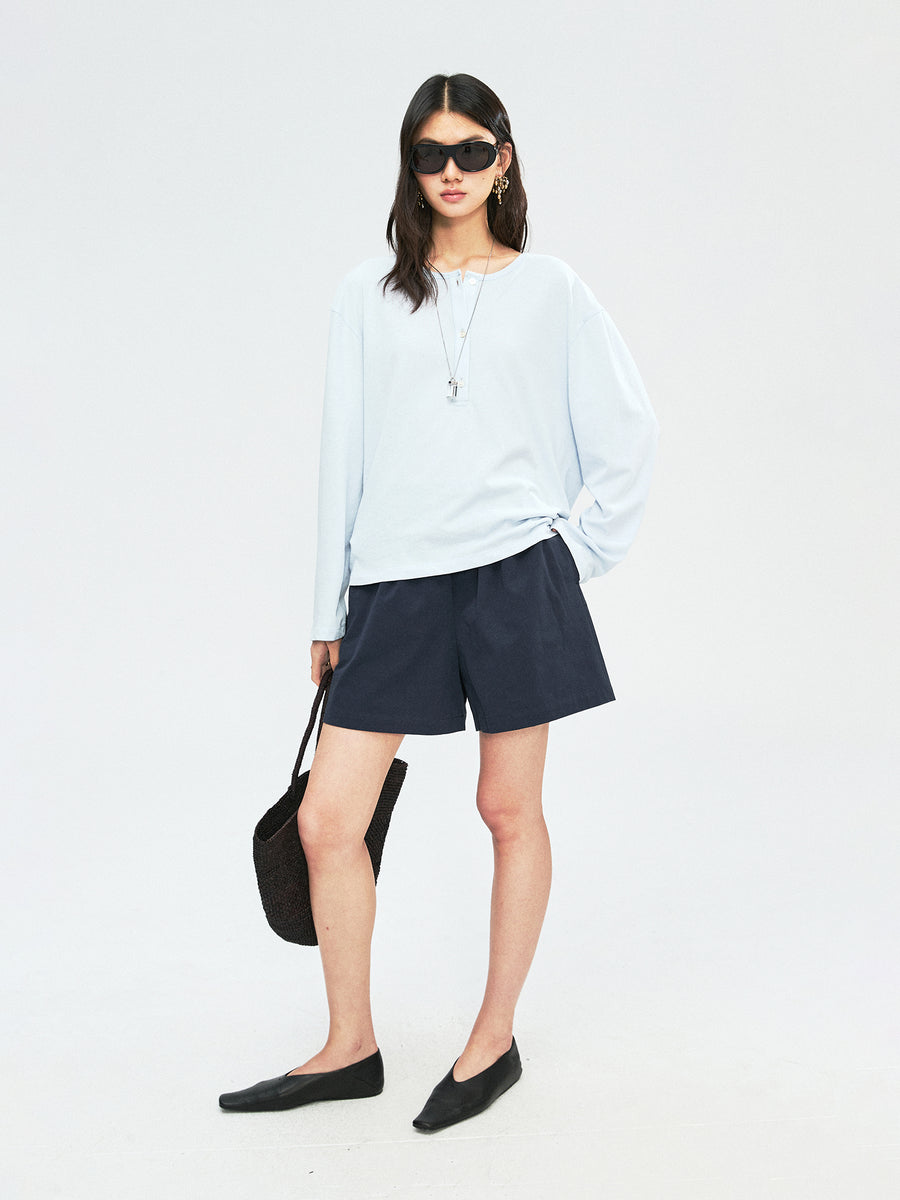 Snowflake Cotton Henley Long Sleeve Tee | Back Cowl Drape Detail | Shell Button Placket | Women Top | MRS Studios