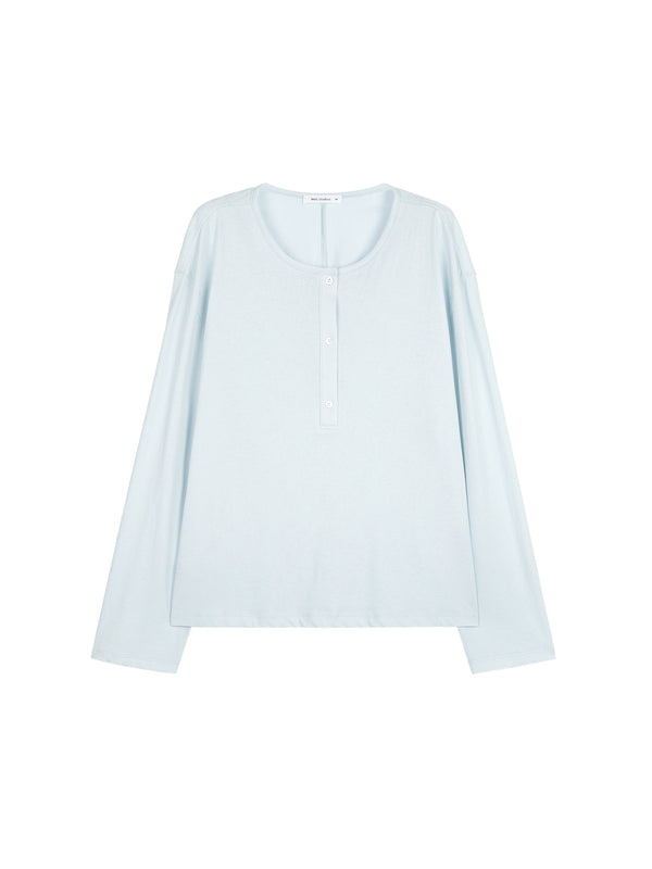 Snowflake Cotton Henley Long Sleeve Tee | Back Cowl Drape Detail | Shell Button Placket | Women Top | MRS Studios