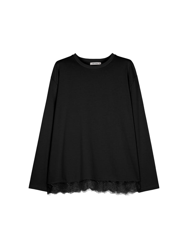 Japanese Cotton Drop-Shoulder T-Shirt | Eyelash Lace Hem Trim | Drop Shoulder Mid Sleeve | Women Top | MRS Studios