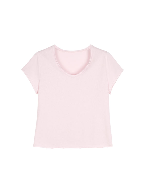 加新色   ）Snowflake Cotton V-Neck T-Shirt | Natural Rolled Raw Edges | Short Bell Sleeves | Women Top | MRS Studios