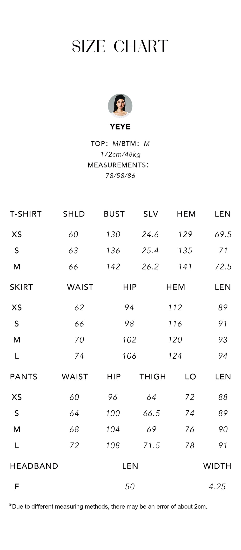 Size chart for Soft Tee, Pant & Skirt Set