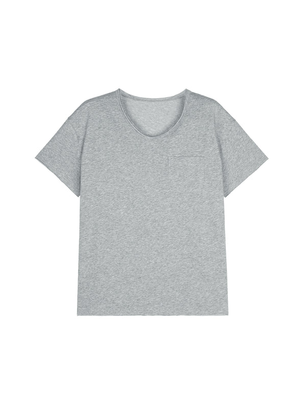 Snowflake Cotton V-Neck Pocket T-Shirt | Natural Raw-Edge Neckline | Relaxed H-Line Cut | Women Top | MRS Studios