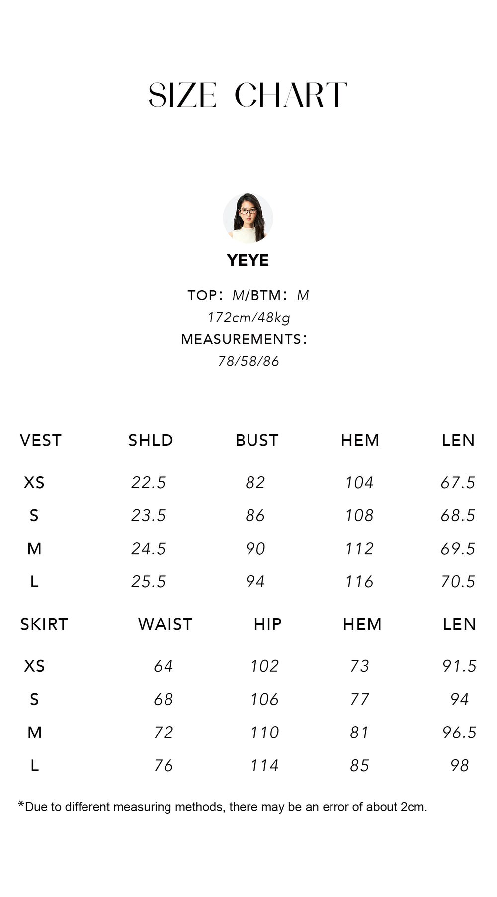 Size chart for Cupro Camisole & Balloon Skirt