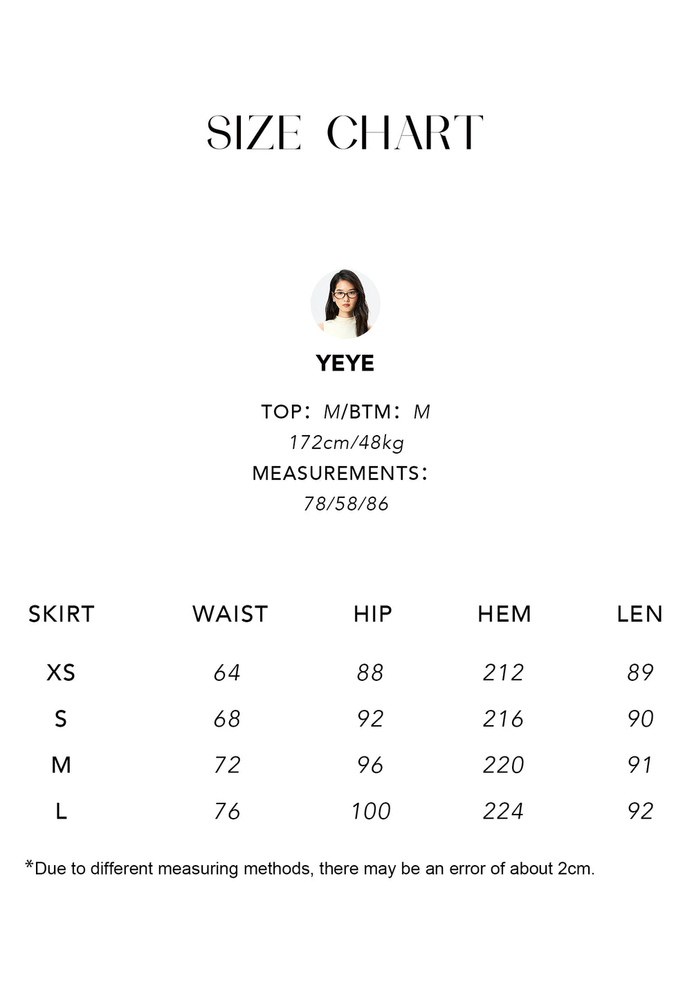 Size chart for Japanese Omi Cotton Midi Skirt
