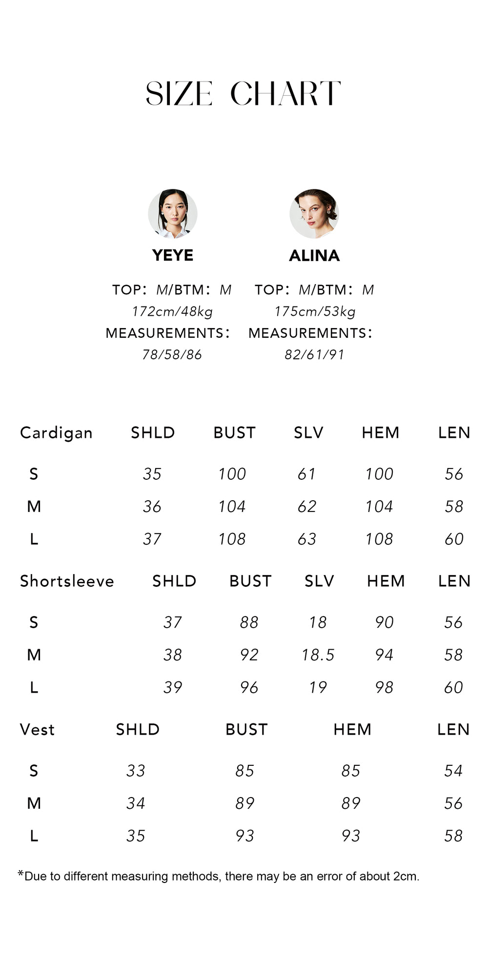 Size chart for Wool Silk Hemp Knit Cardigan Vest & Tee Set