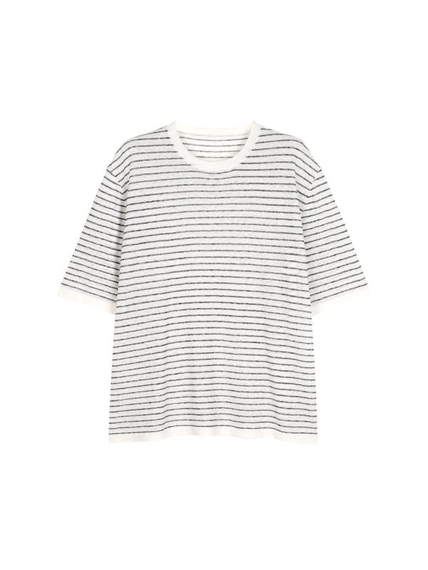 Linen Cotton Knit Stripe T-Shirt | Black White Pinstripe Knit | Drop-Shoulder Relaxed Cut | Women Top | MRS Studios