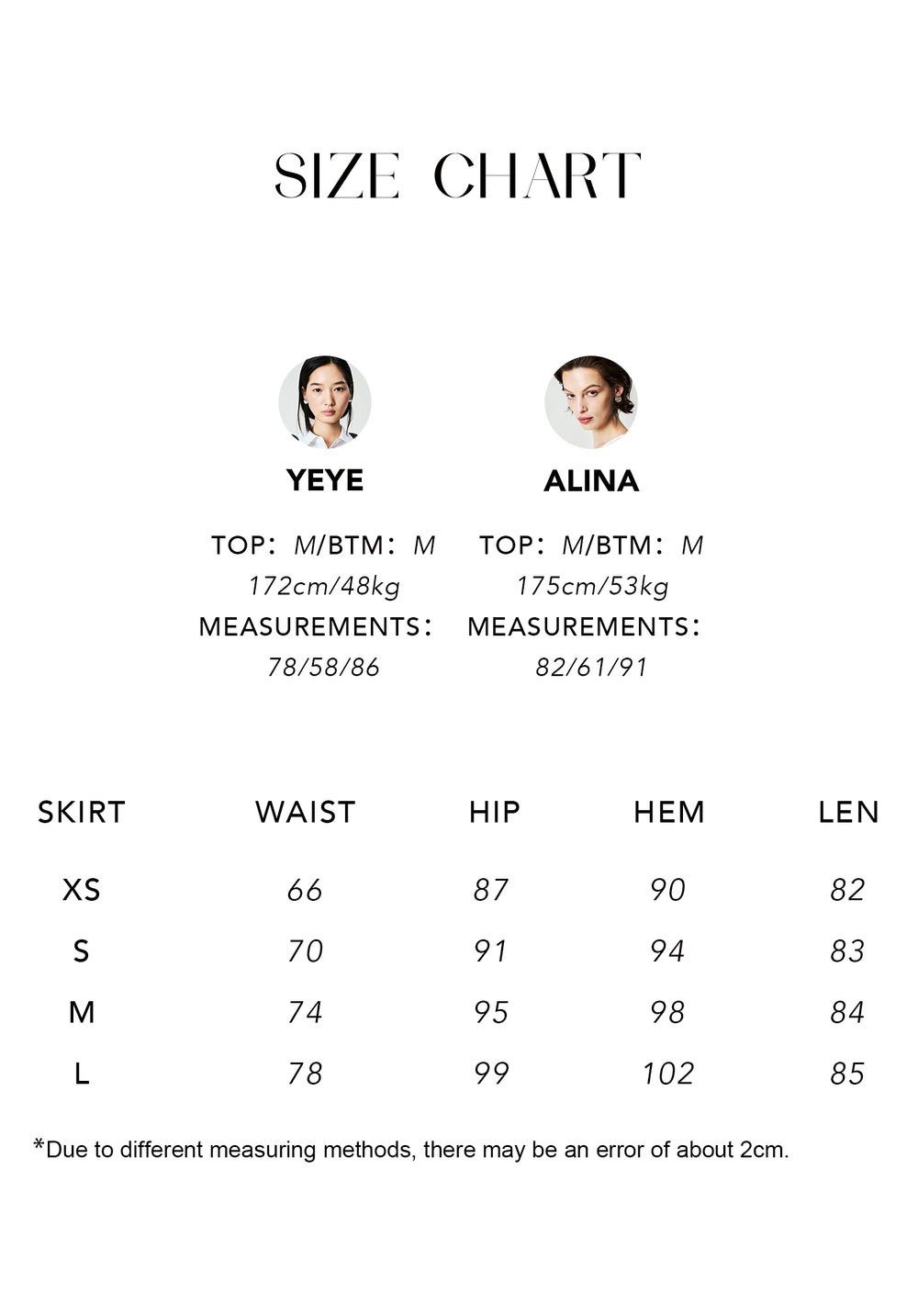 Size chart for Wool Mulberry Silk Pencil Skirt