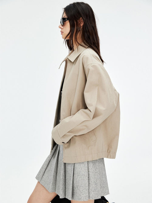 High-Density Cotton Twill Harrington Jacket | Washed-Crinkle Texture | Contrast Lining and Sword-Tip Cuffs | Women Jacket | MRS Studios