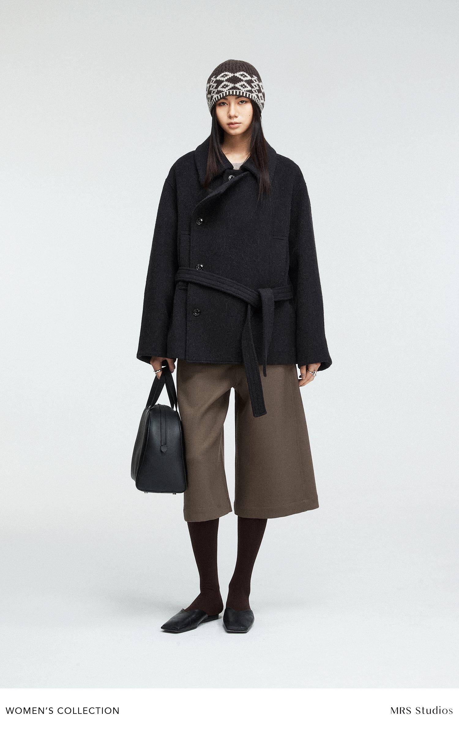 Alpaca Wool Blend Short Coat | Loose Double-Breasted Placket | Wide Lapel & Drop-Shoulder | Women Coat | MRS Studios