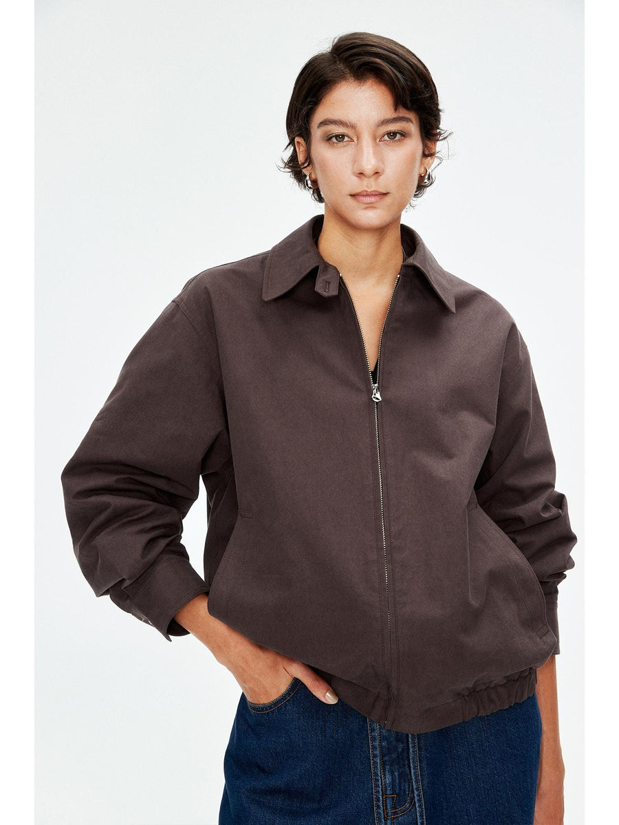 High-Density Cotton Twill Harrington Jacket | Washed-Crinkle Texture | Contrast Lining and Sword-Tip Cuffs | Women Jacket | MRS Studios